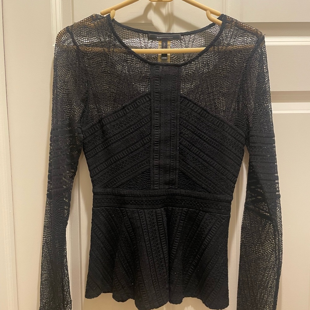 BCBGMaxAzria Black Sheer Lace Blouse